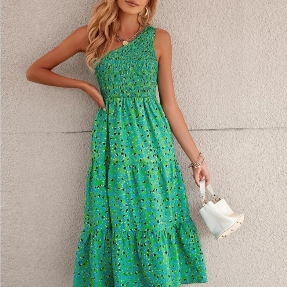 New One shoulder green floral sleeveless dress - Picture 3 of 6
